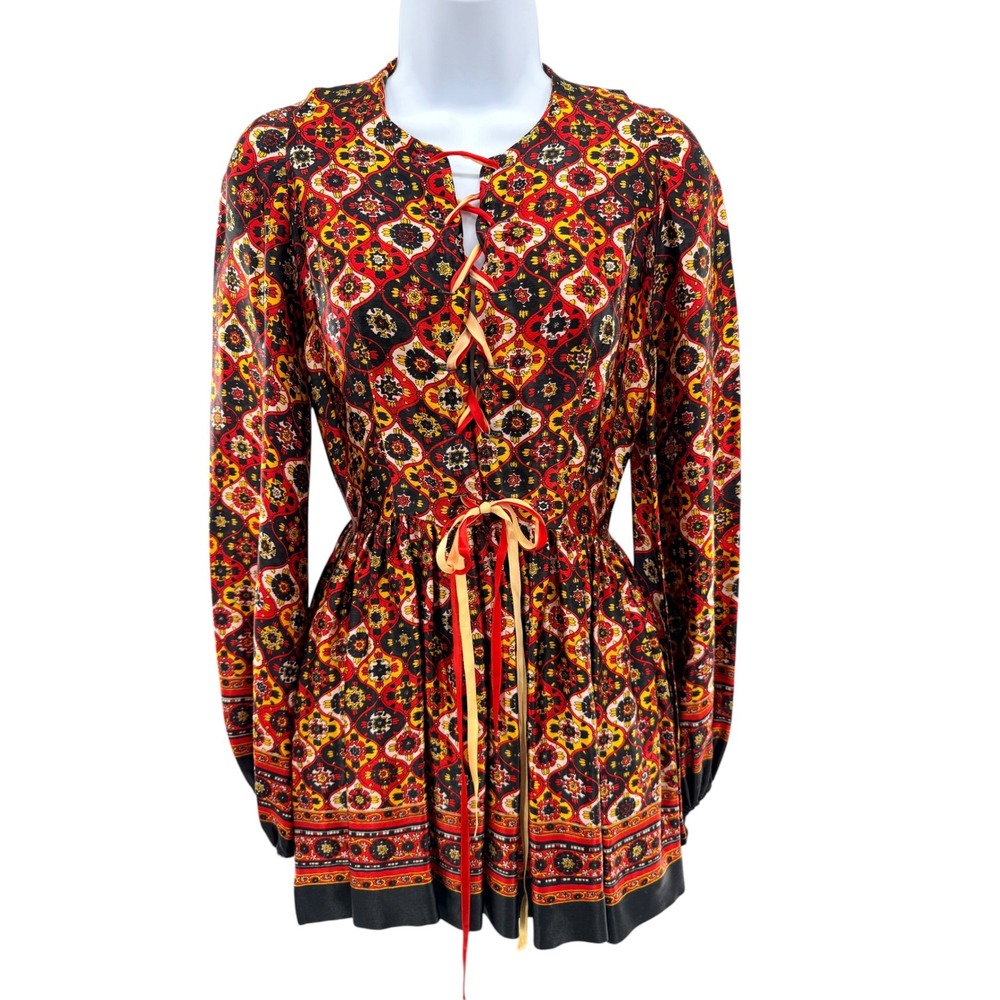 Vintage Young Innocent by Arpeja Red‎ Psychedelic Tile Lace Up Mini Dress Tunic
